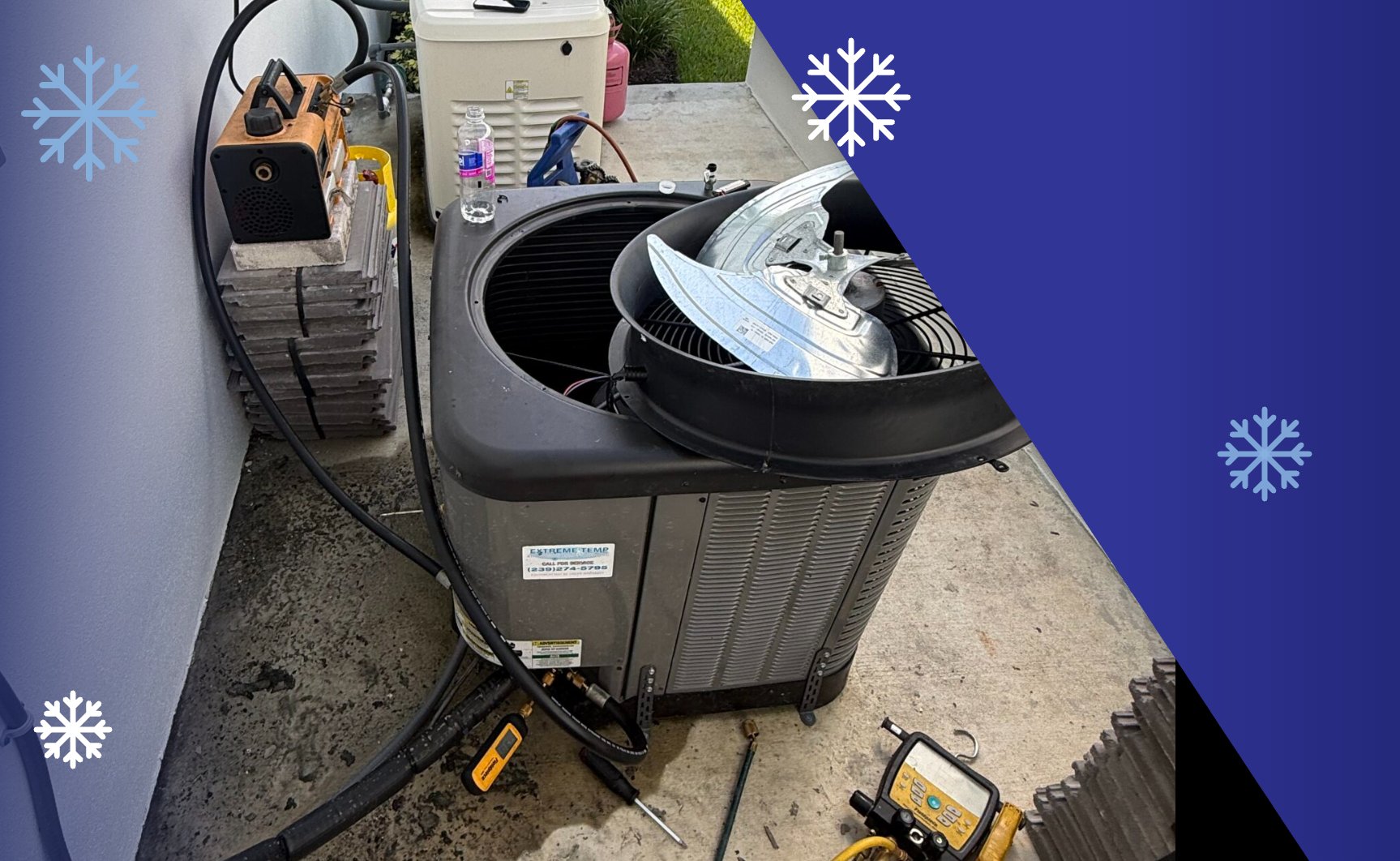 AC repair in progress: outdoor condenser with the fan motor removed and refrigerant gauges connected, by Extreme Temp Air Conditioning & Heating in Southwest Florida