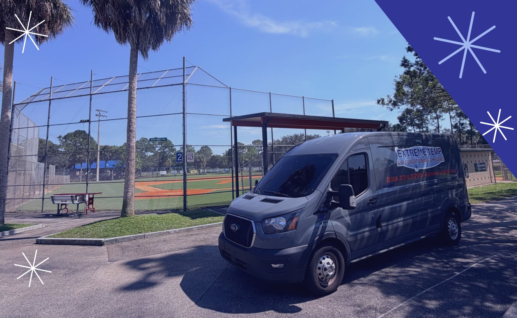 Extreme Temp service van at a North Fort Myers ballpark for a commercial ice machine repair