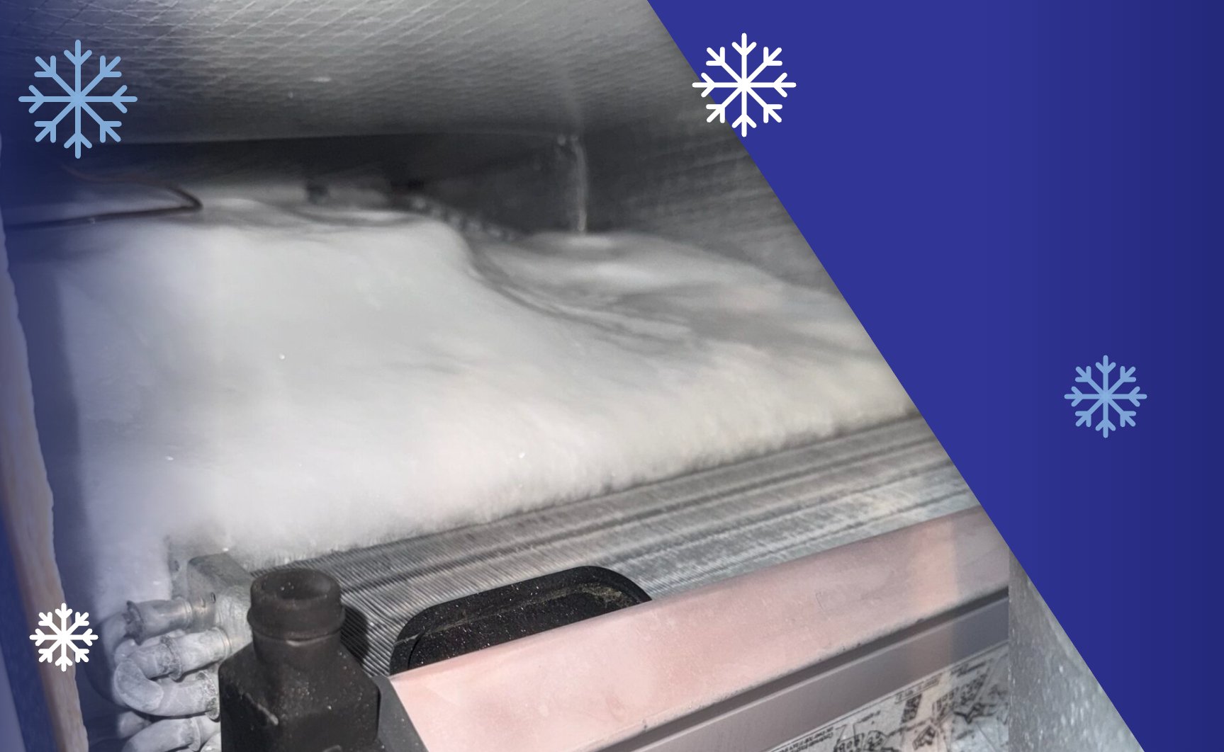 Frozen AC evaporator coil covered in ice inside an indoor air handler, a common cause of AC not cooling, serviced by Extreme Temp Air Conditioning & Heating in Southwest Florida