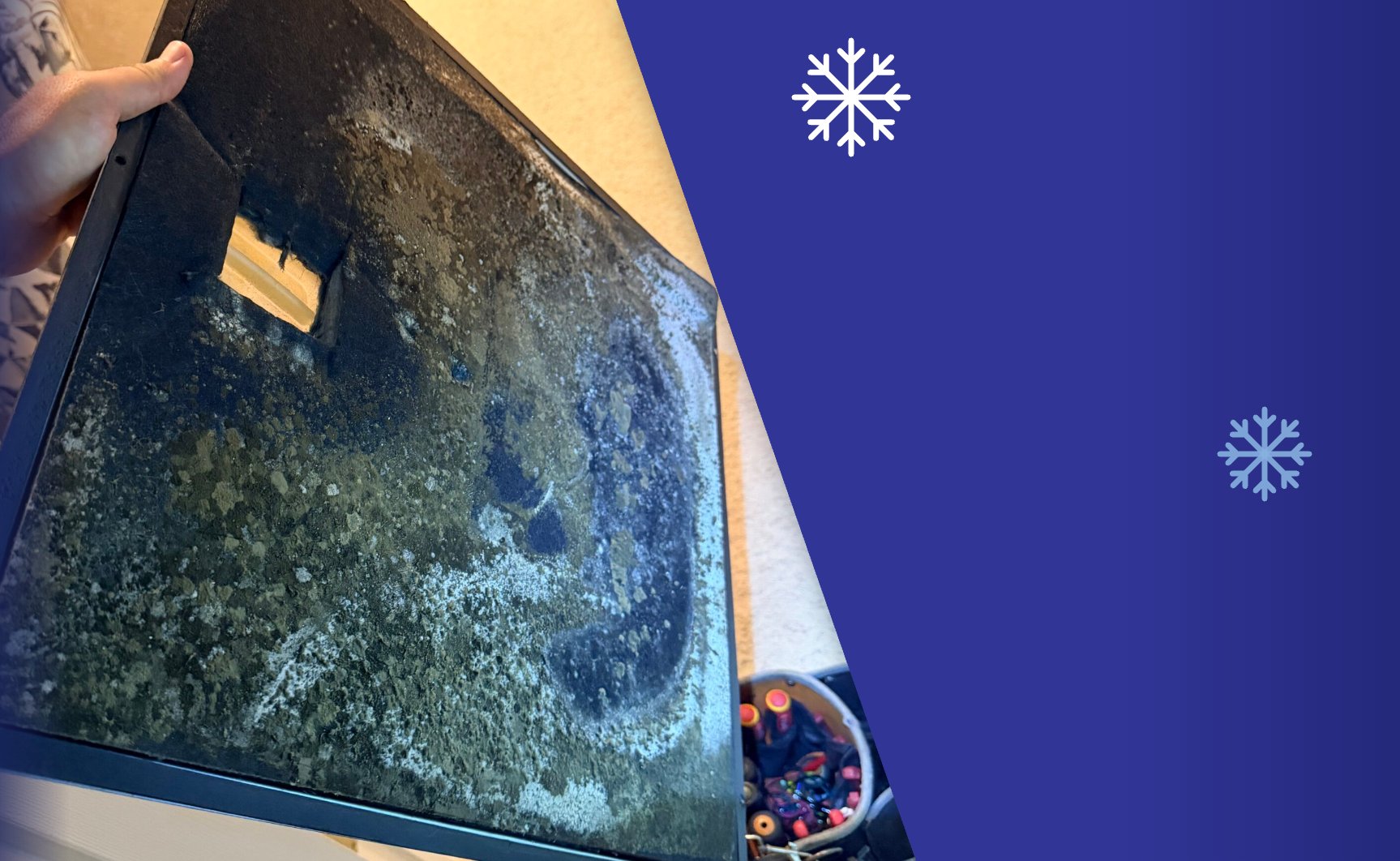 Biogrowth buildup on the inside of an air handler access door, found by Extreme Temp during an indoor air quality inspection in Southwest Florida