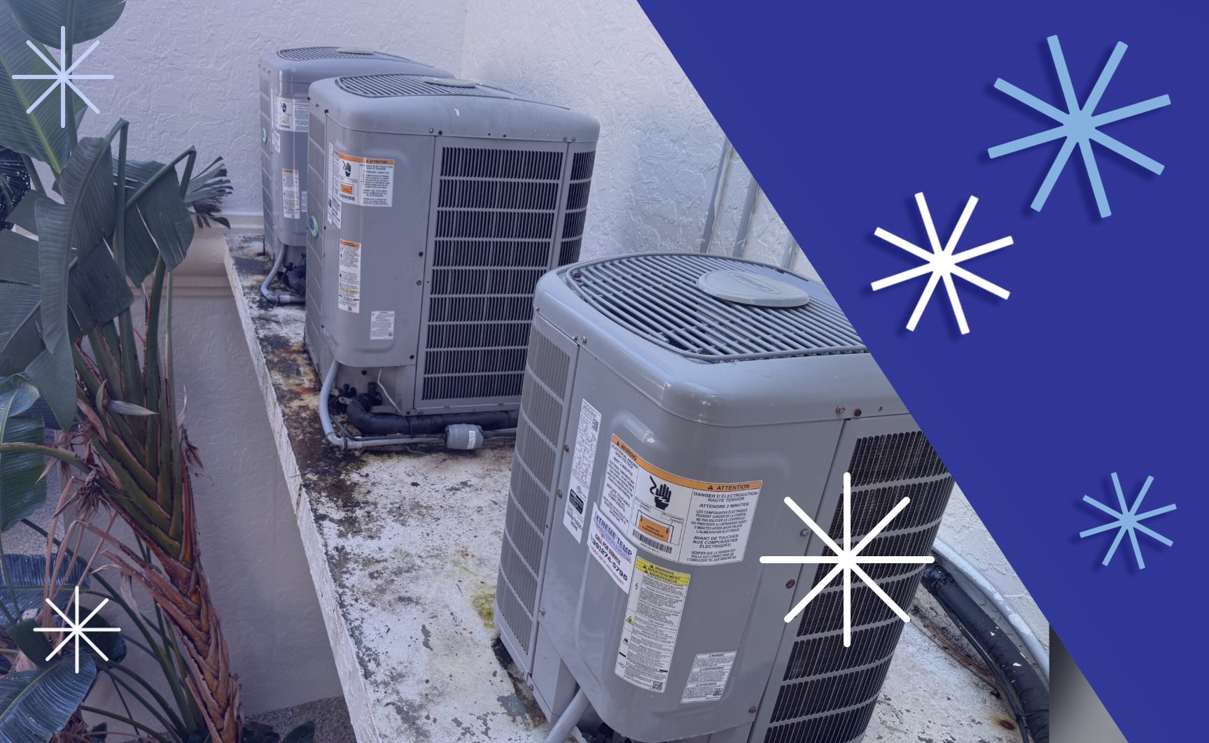Three Carrier Infinity condensers on an elevated pad at a custom island home serviced by Extreme Temp Air Conditioning & Heating