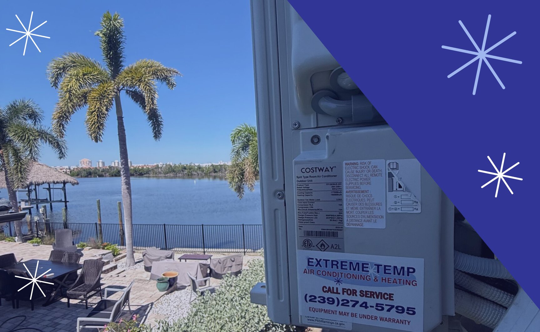 Ductless mini-split AC repair by Extreme Temp on a waterfront home on Estero Blvd, Fort Myers Beach, FL
