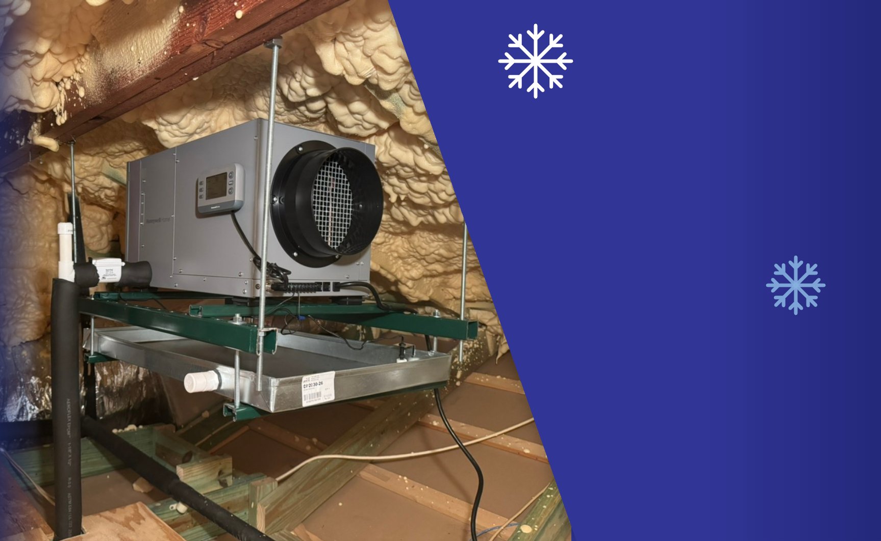 Whole-home dehumidifier installed in a spray foam insulated attic by Extreme Temp in Southwest Florida